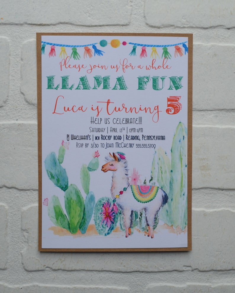LLAMA FUN BIRTHDAY invitation cactus theme card Birthday Party watercolor southwest llama birthday party girl birthday invitations alpaca