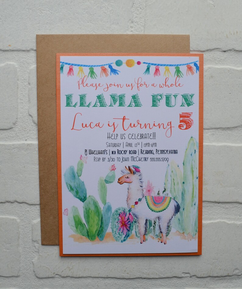 LLAMA FUN BIRTHDAY invitation cactus theme card Birthday Party watercolor southwest llama birthday party girl birthday invitations alpaca