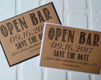 Open Bar Save the Date Cards | funny kraft rustic save-the-date cards | recycled save the date invitation | fun save the dates card alcohol