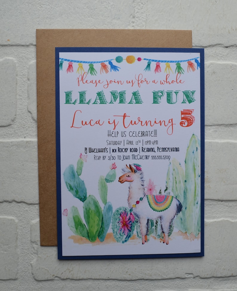 LLAMA FUN BIRTHDAY invitation cactus theme card Birthday Party watercolor southwest llama birthday party girl birthday invitations alpaca