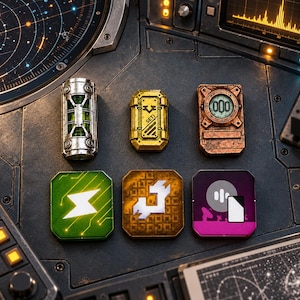 May include: A collection of six sci-fi themed items arranged on a dark control panel. The top row features a silver cylindrical canister, a gold rectangular case labeled SETI, and a copper-toned device with a circular gauge reading 000. The bottom row includes a green square with a white lightning bolt, an orange square with a white abstract symbol, and a purple square featuring a white satellite dish and a smartphone icon.