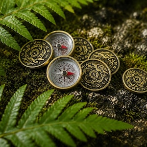 Puede incluir: Dos brújulas circulares de latón con esferas blancas, marcas negras y agujas rojas, rodeadas por cuatro monedas de latón a juego que presentan intrincados diseños de dragones en relieve y letras de estilo rúnico en los bordes exteriores.