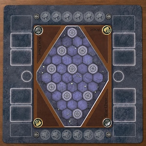 May include: A square board game mat featuring a dark gray border with card slots and circular icons. The center contains a diamond-shaped area with a purple hexagonal grid, brown wooden-textured edges, and the text War Chest printed twice.