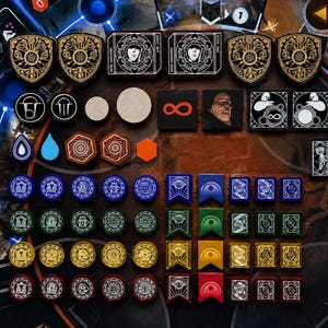 May include: A board game component set featuring various tokens, including shield-shaped markers, circular discs, square tiles with illustrations, and rectangular flags in blue, green, yellow, and red. The set includes symbols and text like RESEARCH STATION.