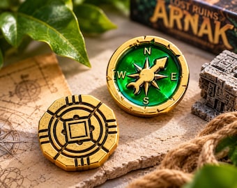 Lost Ruins of Arnak Upgrade Tokens – Metal Coins, Compass, Magnifying Glass, Book Accessories
