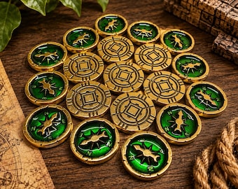 Lost Ruins of Arnak Upgrade Tokens – Metal Coins, Compass, Magnifying Glass, Book Accessories
