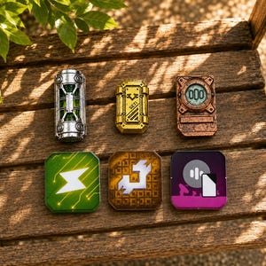 May include: A collection of six sci-fi themed items including a silver cylindrical canister with green accents, a gold rectangular device labeled SETI, and a copper-colored square gauge with 000. Three square tiles feature green, brown, and purple designs.