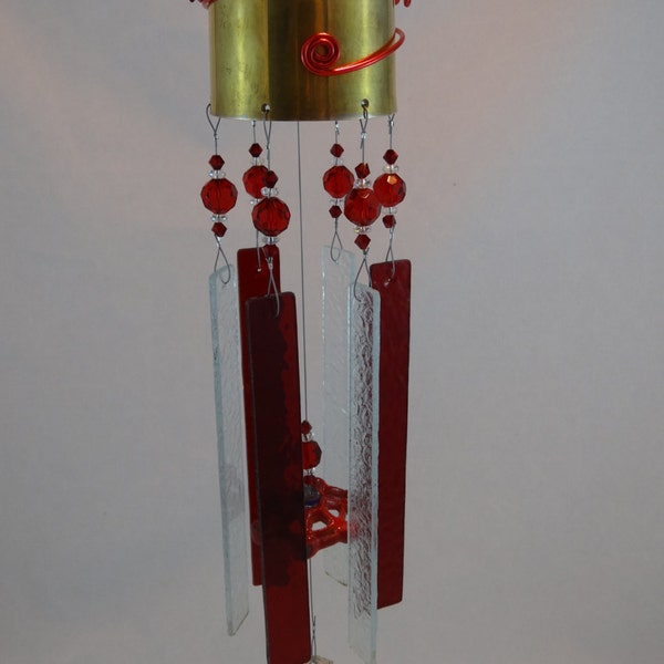 Repurposed Brass Goblet Red and Clear Glass Wind Chime WC-035