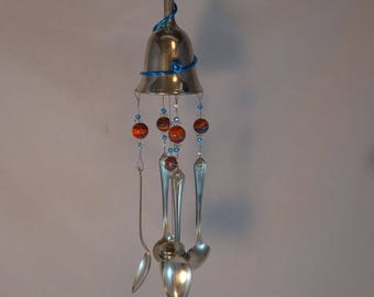 Re-Purposed Silver Plated Cordial Goblet Multi colored beads Utensil Wind Chime- 065