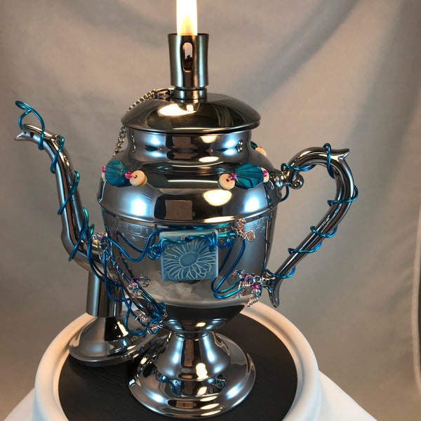 Repurposed Chrome Teapot Oil Lamp OL-05