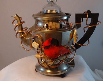 Re-Purposed Chrome Plated Coffee Pot Birdhouse- BH086