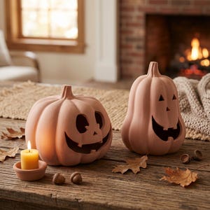May include: Two terracotta-colored ceramic jack-o'-lanterns with carved faces, one wide and one tall, accompanied by a small matching dish holding a yellow pillar candle, scattered dried oak leaves, and two small brown acorns.