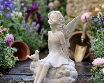 Fairy Garden Statue with Bird Cute Angel Figurine Outdoor Yard Decor Mystical Garden Sprite Sculpture Cottagecore Winged Pixie Ornament Gift