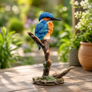 Puede incluir: Una figura de martín pescador con plumas de color azul vibrante en la cabeza y las alas, un pecho de color naranja brillante y un pico largo y puntiagudo de color negro. El ave está posada sobre una base de rama marrón texturizada.