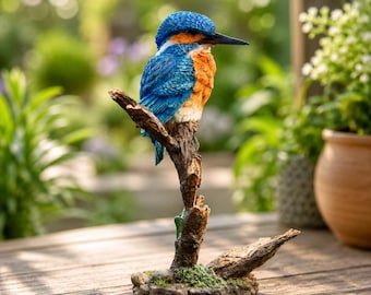Lifelike Kingfisher Statue • Vivid Ceramic Bird Figurine on Branch • Whimsical Garden Yard Art • Unique Gift for Bird Lovers Decor