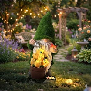 May include: A garden gnome statue with a green hat and coat, holding a watering can and a small red bird. The gnome is watering a pot of yellow flowers. The statue is in a garden setting with soft lighting.