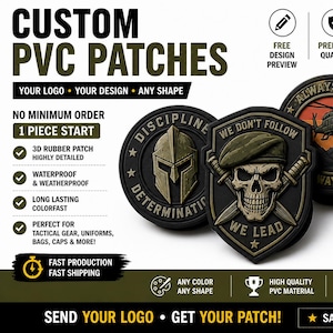 May include: Custom PVC patches featuring various designs including a spartan helmet, a skull with a beret and crossed knives, a helicopter, and a coiled snake. The patches are black with olive green and orange details, featuring hook and loop backing.