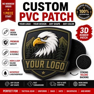 Custom PVC Patches, 3D Rubber Logo Design with Hook & Loop Velcro Backing