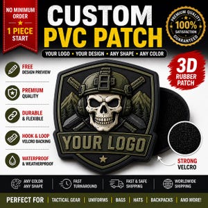 May include: Custom PVC patch with a skull wearing a helmet, the text "YOUR LOGO", and the words "CUSTOM PVC PATCH". Features include 3D rubber, hook and loop velcro backing, and waterproof design. Available in any color and shape.