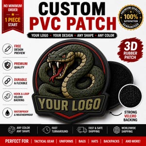 May include: A custom 3D PVC patch featuring a coiled green snake with bared fangs and a red tongue, set against a black circular background with a red border. The patch includes a space for text labeled YOUR LOGO and has a black hook and loop backing.