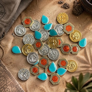 May include: A collection of game tokens featuring silver and gold-toned metal coins with lion and anchor motifs, hexagonal pieces with orange enamel centers, and smooth, teardrop-shaped turquoise blue gems scattered across a sandy surface.
