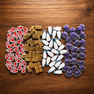 May include: A collection of small enamel pins arranged in four distinct groups: red and white meat cuts, gold-colored rectangular bars, white milk bottles with blue caps, and purple faceted gemstones with silver-toned outlines.