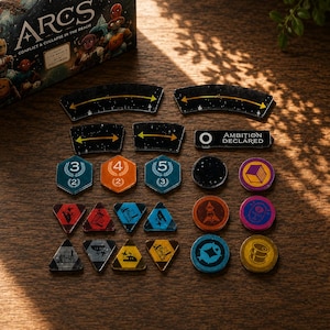 以下が含まれることがあります： ボードゲーム「Arcs: Conflict & Collapse in the Reach」のコンポーネント一式。黄色い矢印が描かれた黒い曲線状のマーカー、数字入りの六角形トークン、三角形のリソースアイコン、様々なシンボルが描かれた円形トークンが含まれています。