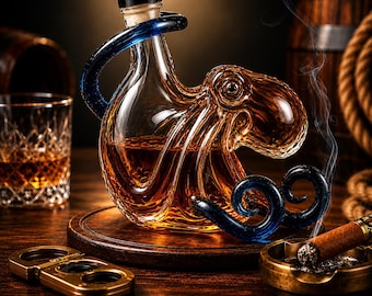 Octopus Glass Whiskey Decanter, Nautical Bar Decor, Blue Tentacle Liquor Bottle