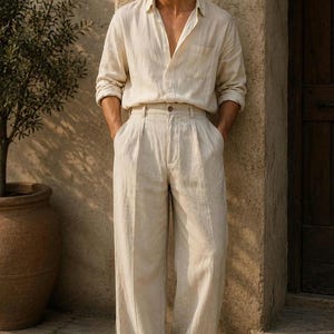 Vintage High-Waisted Linen Wide-Leg Trousers Old Money Linen Pleated Pants.