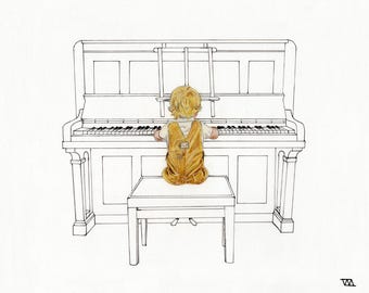 Wilson at the Piano, Original Pastel Drawing, Music Wall Art, Gift for Pianist, Children's Art Print, Boy at Piano