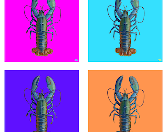 Rainbow Lobster Pop Art Print, Set of Four, Original Pastel Drawing, Bold Colour Wall Art, Statement Print