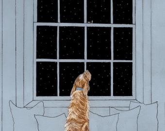 Howl at the Moon, Original Pastel Drawing, Dog Wall Art, Dog Lover Gift, Night Sky Print, Pet Portrait