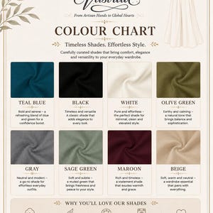 Pode incluir: Uma tabela de cores para roupas Karma Vastraa com um desenho de linha de uma saia e oito amostras de tecido em azul-petr&oacute;leo, preto, branco, verde-oliva, cinza, verde-s&aacute;lvia, marrom e bege, com texto descritivo e &iacute;cones de cuidados.