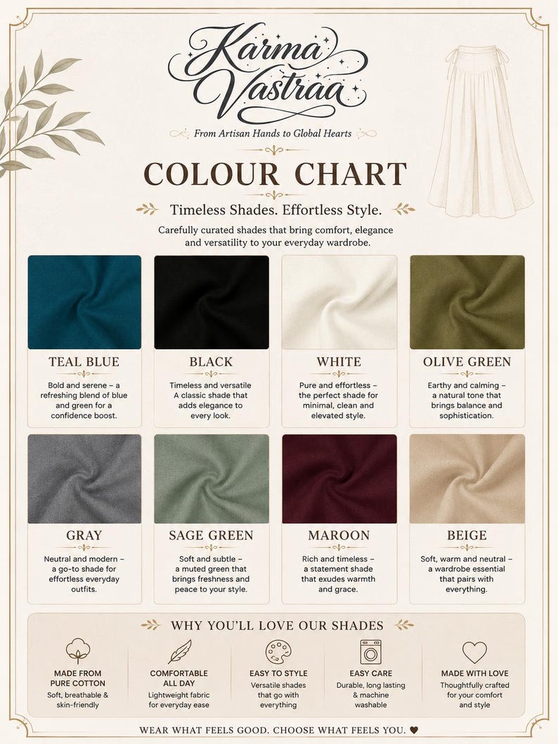 Pode incluir: Uma tabela de cores para roupas Karma Vastraa com um desenho de linha de uma saia e oito amostras de tecido em azul-petr&oacute;leo, preto, branco, verde-oliva, cinza, verde-s&aacute;lvia, marrom e bege, com texto descritivo e &iacute;cones de cuidados.