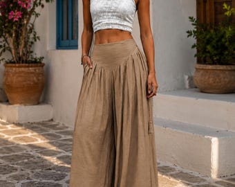 Boho Wide Leg Palazzo Pants for Women | High Waist Flowy Linen Look Trousers | Casual Summer Lounge Pants | Karma vastraa
