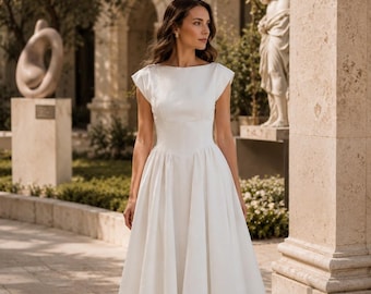 Vestido midi branco de algodão para mulheres | Vestido elegante em linha A com modelagem evasê | Vestido minimalista para convidada de casamento | Vestido de algodão para o verão