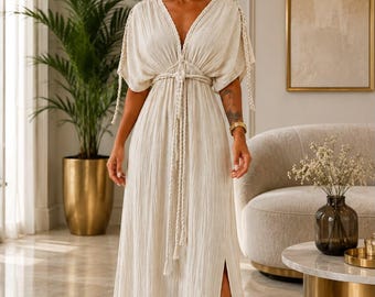 Vestido longo boho feminino | Saída de praia fluida | Caftan para resorts | Vestido longo para férias de verão | Vestido boho com decote em V