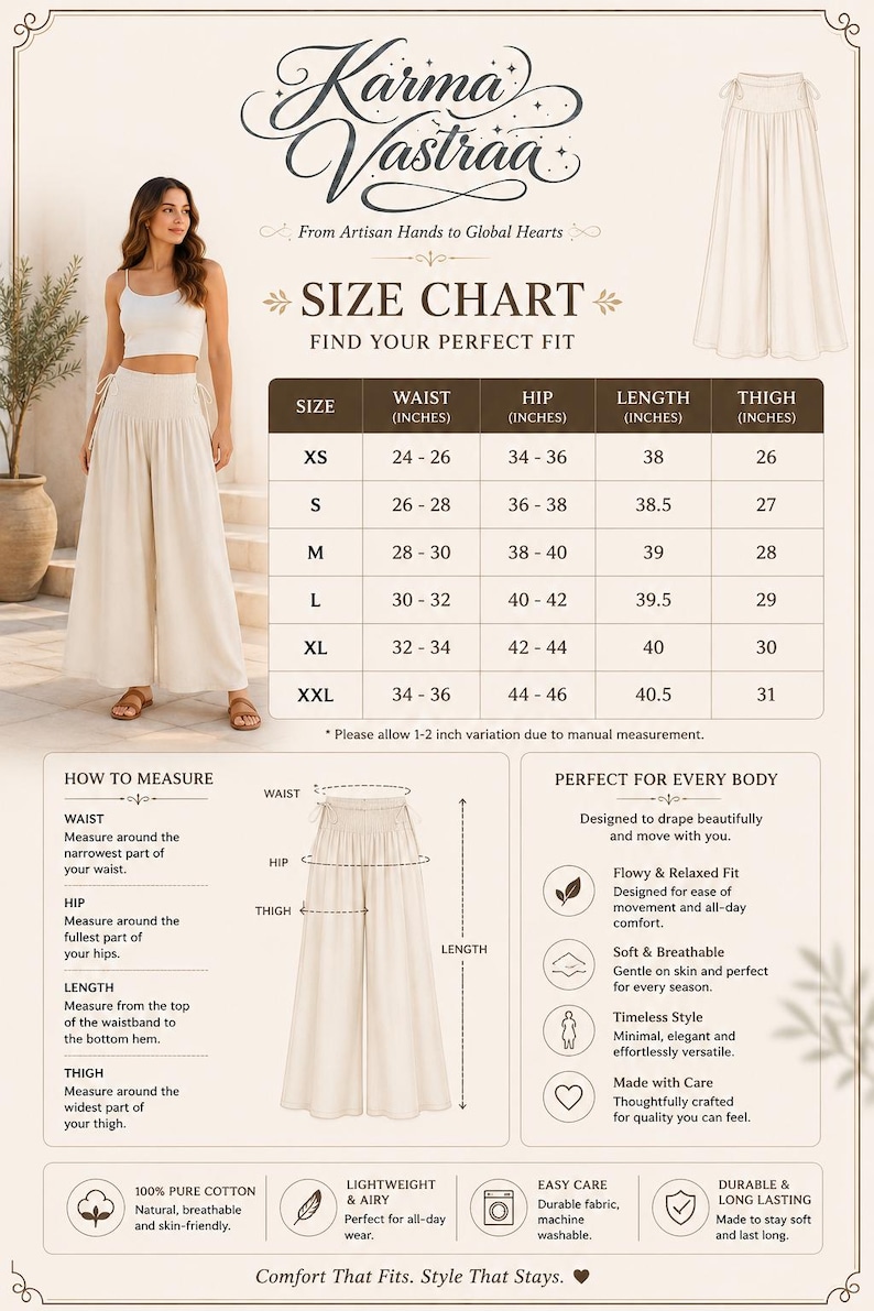 Pode incluir: Uma tabela de tamanhos para roupas Karma Vastraa com uma cal&ccedil;a branca de perna larga, uma tabela com medidas de cintura, quadril, comprimento e coxa em polegadas para tamanhos de XS a XXL, e instru&ccedil;&otilde;es sobre como medir o ajuste.