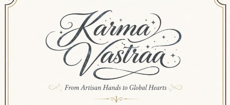 Pode incluir: Um gr&aacute;fico retangular de cor creme com o texto caligr&aacute;fico cinza escuro Karma Vastraa, acentuado com pequenas estrelas e floreios. Abaixo do texto principal, a frase From Artisan Hands to Global Hearts est&aacute; impressa em fonte menor.
