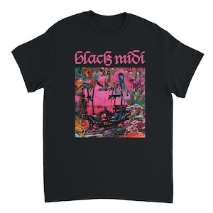 May include: A black short-sleeve t-shirt featuring the text "black midi" in pink lettering above a square graphic print. The artwork displays a chaotic, colorful collage of abstract shapes, figures, and textures in shades of pink, green, and blue.