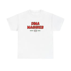 May include: A white short-sleeve t-shirt featuring the red text DIMA MAGHREB with green outlines. Below the text is the word MOROCCO, a small logo with the letters MM, and the text WC2026, all printed in a green font on the center of the chest.