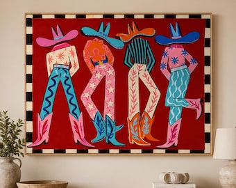 Colorful Abstract Cowboys Oil Painting, Large Red Western Stylized Boots Stetson Canvas Art, Whimsical Surreal Maximalist Wall Art