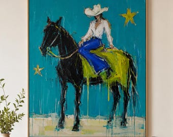 Abstract Faceless Cowgirl Oil Painting, Teal Blue Western Horse Rider Pop Canvas Art, Whimsical Surreal Maximalist Wall Art For Entryway