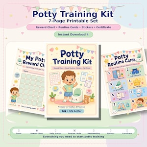 Peut inclure: Un kit d'apprentissage de la propreté imprimable de 7 pages comprenant un tableau de récompenses, des cartes de routine, des autocollants et un certificat. Les pages illustrent un enfant, un pot et des étapes pour les tout-petits en A4 et US Letter.
