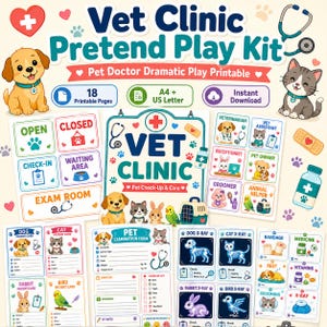 Op de afbeelding: Een printbare dierenkliniek rollenspelset met 18 pagina's vol kleurrijke illustraties, patiëntenformulieren, röntgenfoto's en bordjes. De set bevat afbeeldingen van honden, katten, konijnen en vogels met teksten zoals Vet Clinic en Pet Check-Up & Care.
