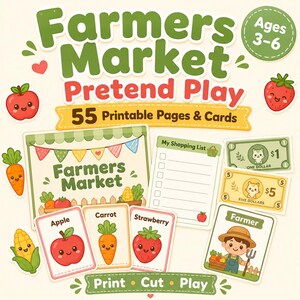 Könnte beinhalten: Ein Bauernmarkt-Rollenspiel-Set mit 55 druckbaren Seiten und Karten für Kinder von 3-6 Jahren. Enthält ein Marktschild, eine Einkaufsliste, Spielgeld mit Tierillustrationen sowie Karten mit Apfel, Karotte, Erdbeere und einem Bauern.
