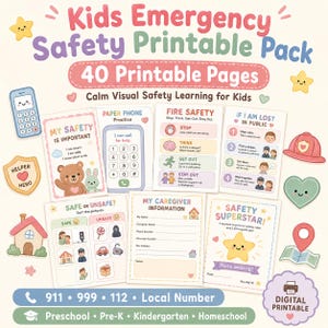 May include: A Kids Emergency Safety Printable Pack featuring 40 printable pages with educational sheets on fire safety, phone practice, and caregiver information. The design includes pastel-coloured illustrations of a bear, a phone, and a map.