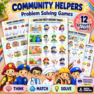 Puede incluir: Un conjunto de 12 páginas de actividades imprimibles para preescolares tituladas Community Helpers Problem Solving Games. Las páginas incluyen ilustraciones coloridas de varios profesionales y tareas de lógica para resolver problemas.