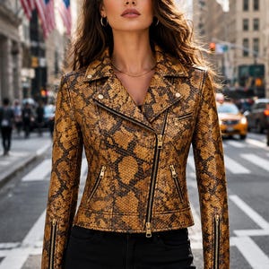 May include: A brown and black snakeskin-patterned leather jacket featuring a notched lapel, an asymmetrical front zipper closure, gold-toned metal hardware, zippered pockets on the chest and waist, and zippered cuffs on the long sleeves.
