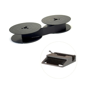 May include: Black typewriter ribbon spools with a black ribbon extending between them. A small, gray typewriter is in the lower right corner, inside a white circle. The spools and typewriter are on a white background.